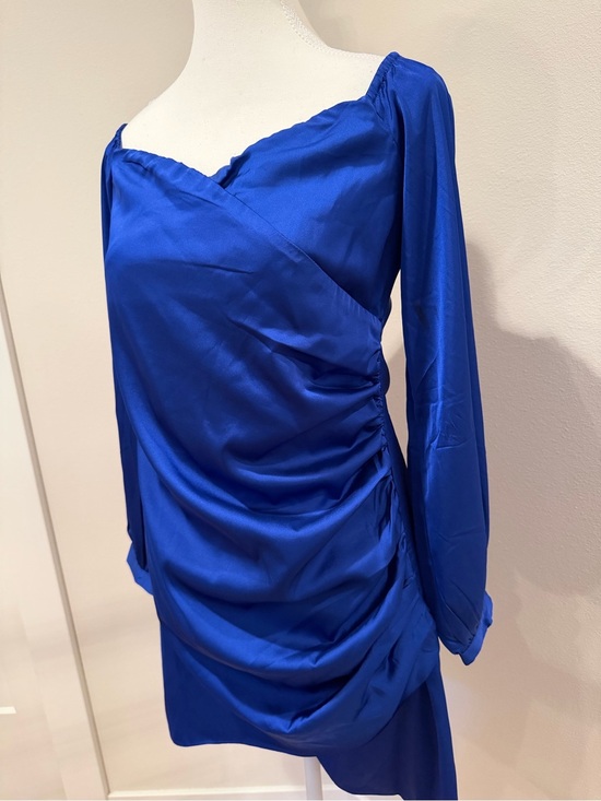 Fashion Nova Dresses & Skirts - Fashion Nova Off Shoulder Cobalt Satin Wrap-Style Long Sleeve Dress